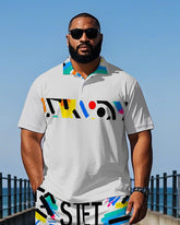 Big & Tall Men's Street Fashion Graffiti Letter Stripe Printed Short Sleeve Polo Shirt Shorts Set